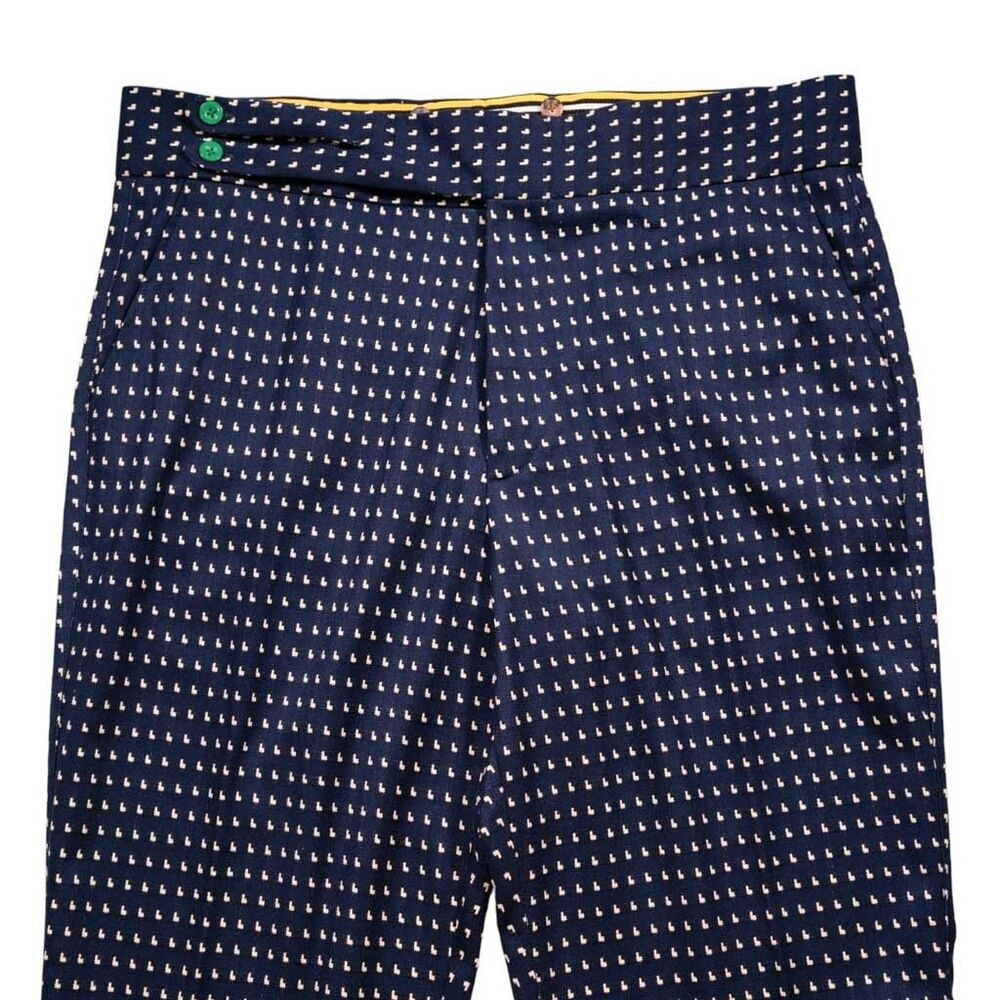 Mens 38 Gurkha Pants Navy Blue Geometric Cotton Trousers Flat Front Straight Fit - Picture 4 of 7
